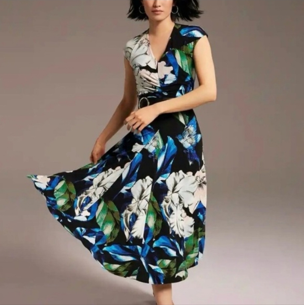 WHBM Matte Jersey Shirred Midi Dress Elena Floral Black